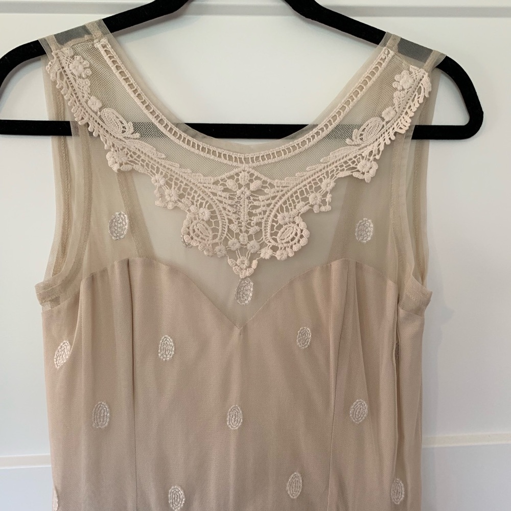 NWOT cream tea length dress, polka dot mesh lace